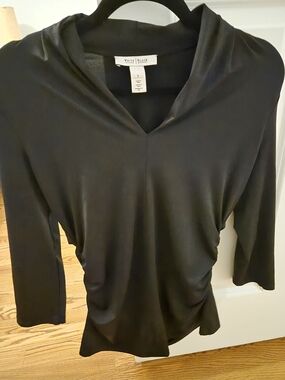 White House Black Market Black V-Neck Draped Long Sleeve Top